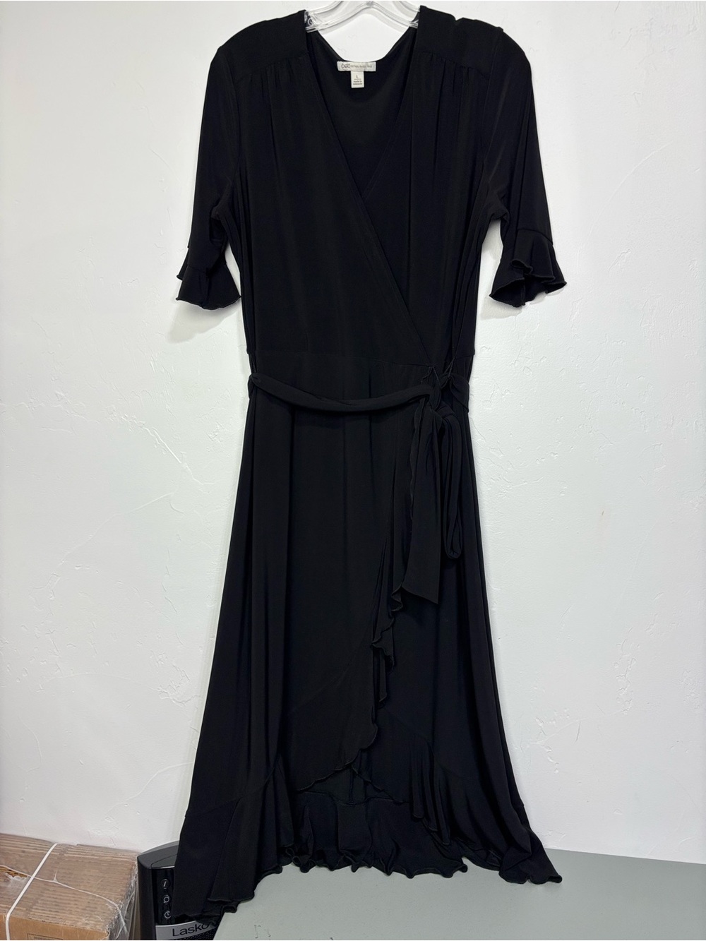 Cato Black Wrap Midi Dress Ruffle Hem Women's Large Classic Staple Basic V-Neck